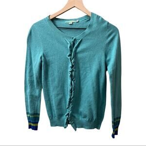 Boden Blue Teal Ruffle Front Cardigan Cashmere Angora Blend Size 4